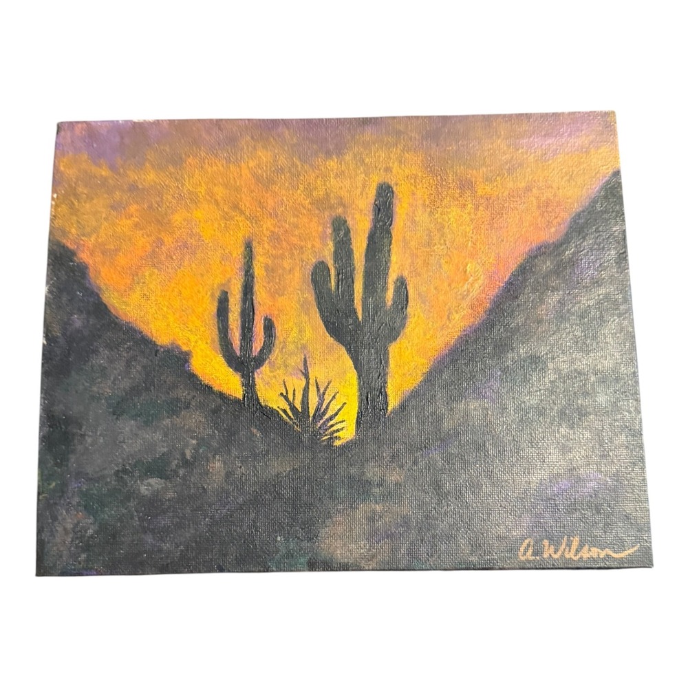 Original Desert Sunset Saguaro Cactus Acrylic Painting 8x10 Stretched A. Wilson